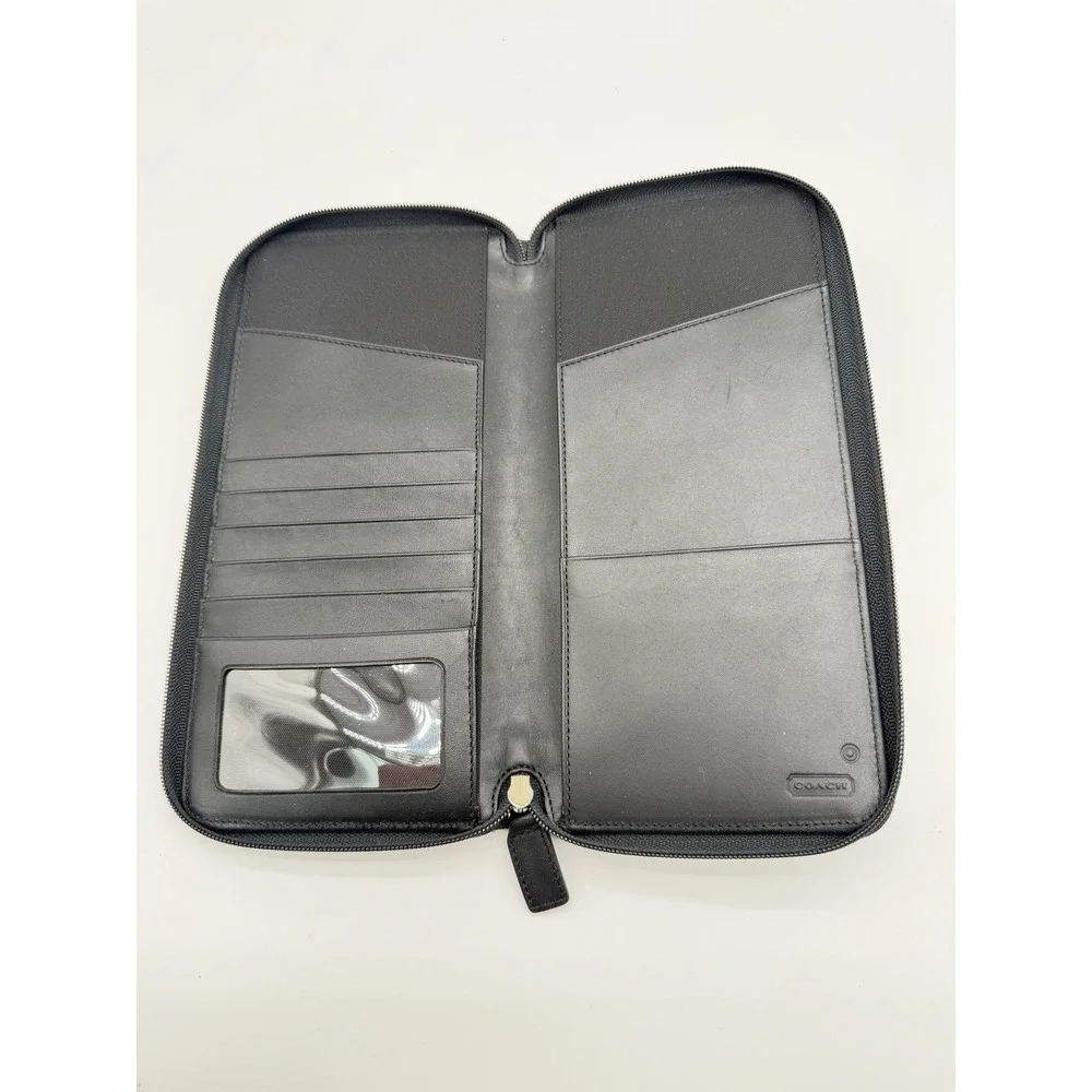 Coach Womens‎ Black Canvas Leather Zip Around Travel Wallet Passport Organizer